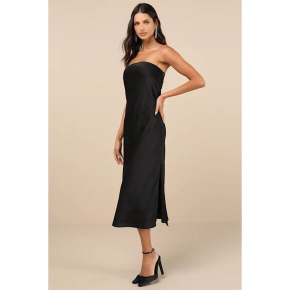 NWT Lulus Effortless Bliss Black Satin Strapless Cowl Back Midi Dress Cocktail S - Picture 9 of 10